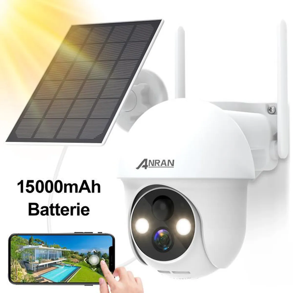 ANRAN 3MP Caméra de surveillance sans fil Wifi extérieure Solaire panoramique 360° détection PIR audio bidirectionnel